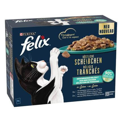 FELIX® KÖSTLICHE SCHEIBCHEN IN GELEE, MIT SCHEIBCHEN REICH AN LACHS, THUNFISCH, KABELJAU, SCHOLLE 