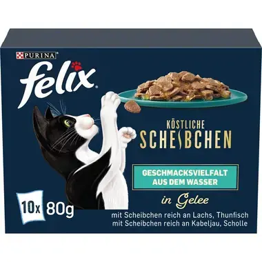 FELIX® DÉLICES TRANCHÉS EN GELÉE, AVEC DES EFFILÉS RICHES EN SAUMON, THON, CABILLAUD, CARRELET 